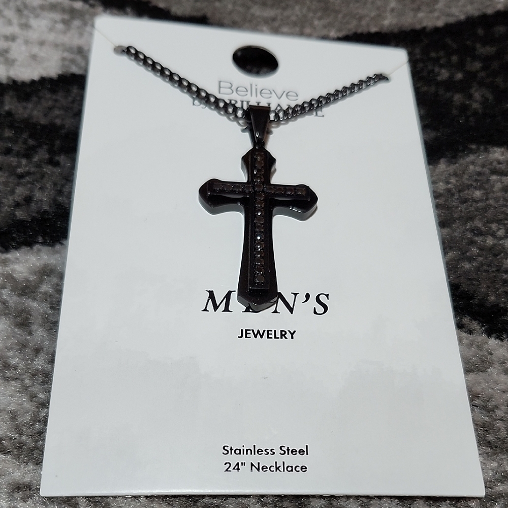 BELIEVE BY BRILLIANCE BLACK CRYSTAL STAINLESS STEEL PENDANT CROSS NECKLACE 24"